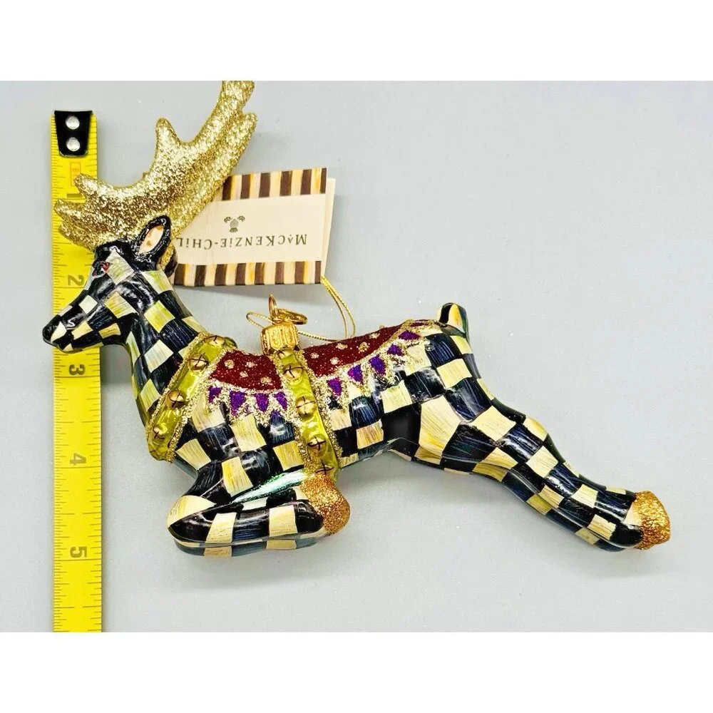 Mackenzie‎ Childs Prancer Reindeer Glass Christmas Ornament Courtly Checks Box